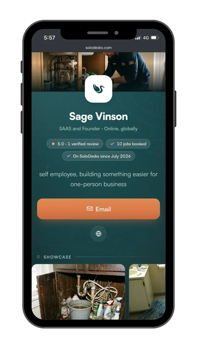 An example SoloDesks business profile on a phone: name, a five-star review, ten jobs booked, an email button and photos of finished work